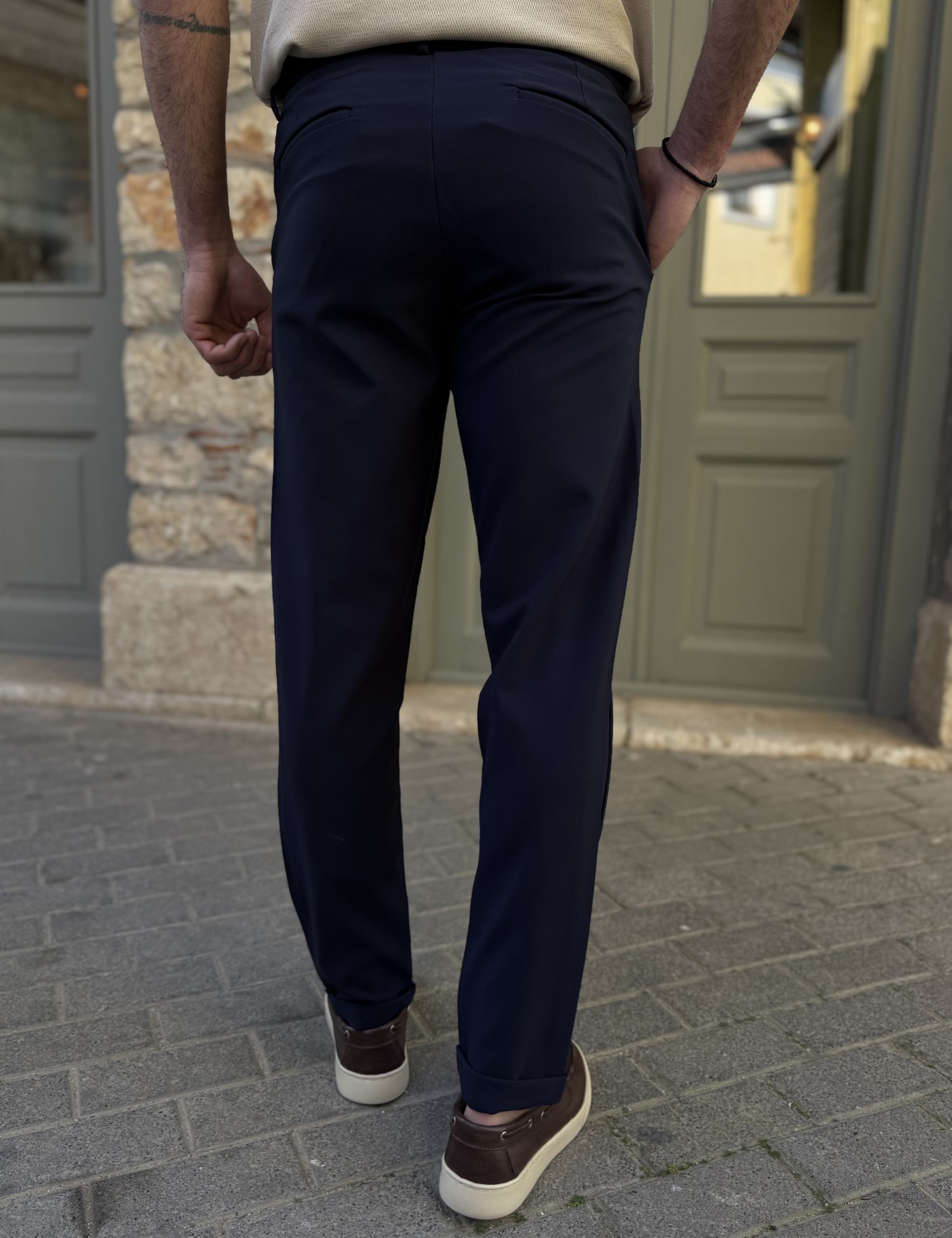 Ανδρικό υφασμάτινο μπλε παντελόνι με κορδόνι και κουμπί FCL5785N φωτογραφία